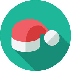 Christmas Santa Hat Icon with Red and White Colors Against a Teal Circular Background with Long Shadow and Flat Design Style