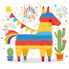 Festive colorful pinata with cactus and fireworks vector illustration