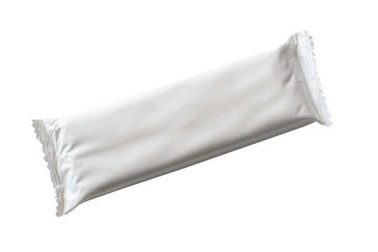 White rectangular food bar wrapper with crimped edges on black background packaging, Isolated On Transparent Background, Png Cut Out