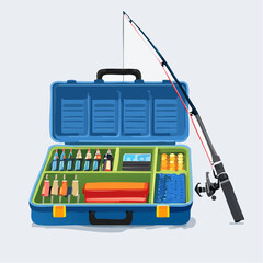 Fishing tackle box and rod illustration for outdoor recreation and sport