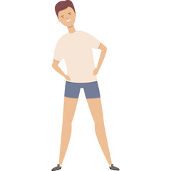 Fototapeta premium Cartoon Illustration Of A Person With Short Brown Hair Wearing A Light Pink T Shirt And Blue Shorts Doing Exercise With Hands On Hips And A Smile On Their Face In A Transparent Background