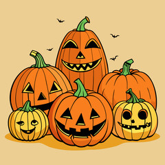 Happy Halloween Pumpkins Assortment, Jack-o-lanterns, Spooky Faces, Autumn Holiday Celebration