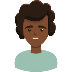 Cartoon portrait of a smiling young man with curly dark hair wearing a light teal crew neck t-shirt isolated on a transparent background