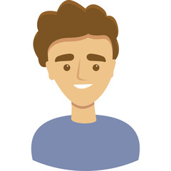 Cartoon Portrait Of A Young Man With Brown Curly Hair Wearing A Blue Crew Neck T Shirt Smiling Happily With A Neutral Expression And A Transparent Background