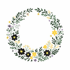 Fototapeta premium Floral wreath illustration featuring colorful flowers and green leaves