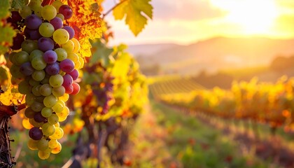 Capture the golden beauty of a vineyard at sunset, where ripening grapes and warm light evoke nature’s richness and tranquility.