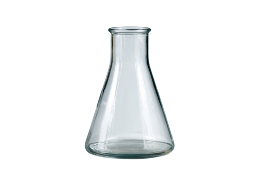 Clear glass laboratory flask with narrow neck and wide base on black empty, Isolated On Transparent Background, Png Cut Out