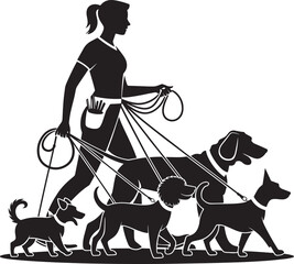 Female dog walker professional pet sitter walking multiple dogs on leashes outdoors