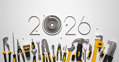 2026 New Year design template with construcrion tools set. 3d render illustration on engineering, construction, interior finishing, repair and maintenance theme.