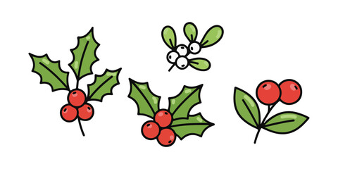 Flat Style Red Berries Collection on a transparent background. A collection of clipart featuring berry branches. Christmas decoration with holly. Vector illustration.