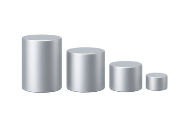 3D silver metallic cylinders, four cylinder shapes in descending order, isolated on transparent background