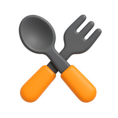 3D spoon fork icon, black cutlery with orange handle, isolated on transparent background