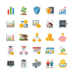 Vector Business Finance Financial Growth SVG Icon Set with Graph Charts Coins Piggy Bank Modern Flat Design