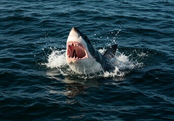 Great white shark breaching ocean surface with open jaws and sharp teeth, a powerful predator emerging from the deep in a stunning display of marine wildlife and raw nature