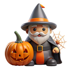 Adorable halloween character wearing a witch hat and cape with a carved pumpkin and spiderweb