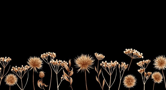 Elegant golden wildflowers against a black background create a dramatic, upscale look for luxury branding and sophisticated designs, perfect for invitations or premium packaging