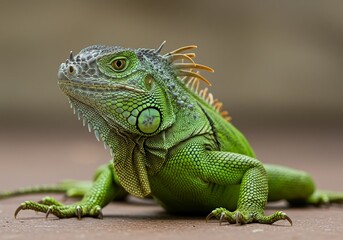 Obraz premium Vibrant green iguana with detailed scales and piercing yellow eyes, captured in a stunning close-up profile view, showcasing its majestic reptilian beauty and unique textures