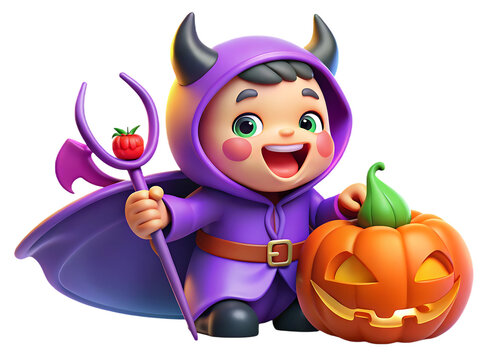Adorable cartoon child dressed as a devil with horns and cape holding a trident and a pumpkin