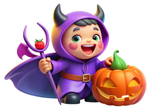 Adorable cartoon child dressed as a devil with horns and cape holding a trident and a pumpkin