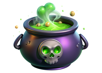Bubbling green potion in a spooky cauldron with a skull decoration and glowing green eyes