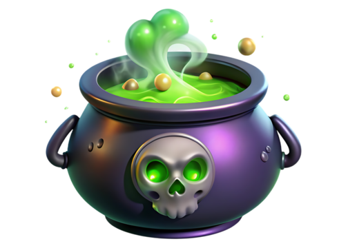 Bubbling green potion in a spooky cauldron with a skull decoration and glowing green eyes