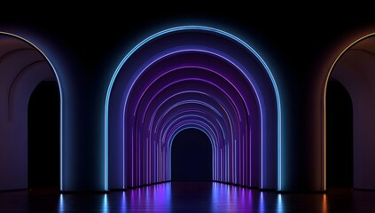 Illuminated archway corridor with vibrant neon lights creating a futuristic and captivating architectural pathway