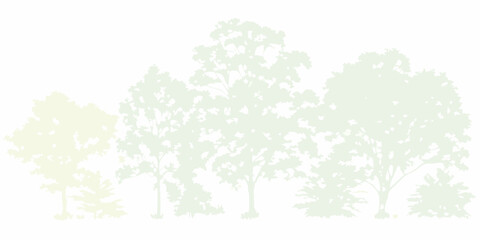 A minimalist silhouette of deciduous trees and evergreen shrubs in soft pastel green and yellow tones against a white background