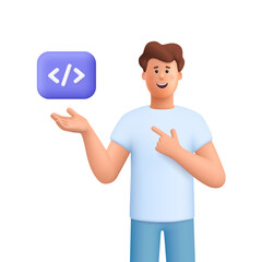 Young smiling man James pointing at programming code symbol. Girl programmer. Web development, programming language and coding concept. 3d vector people character. Cartoon minimal style.