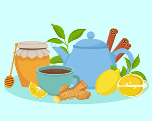 Green tea season lemon ginger cinnamon kettle tea cup cold treatment