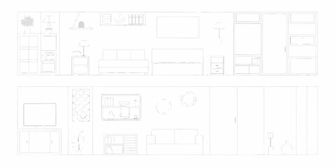 Minimalist line drawing of a modern living room layout with furniture and decor elements