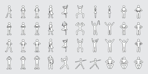 Collection of simple stick figure people in various poses and actions on a light gray background