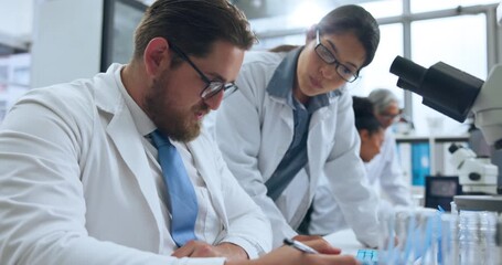 Science, writing and team with people in lab for medical, research and chemistry experiment. Drug trial, chemical compound and collaboration with scientists in clinic for pharmacy and records - Powered by Adobe