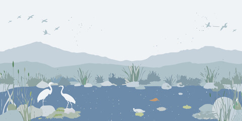 Serene wetland landscape with egrets and flying birds against a backdrop of misty mountains and tranquil water