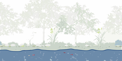 Stylized illustration of a serene lakeside scene with trees reeds and small fish swimming in the water