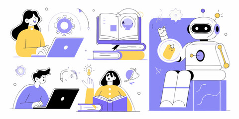 Diverse group of people and a robot engaging in learning and innovation with technology and books