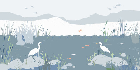 Two elegant white egrets stand on rocks in a serene wetland landscape with fish and birds flying