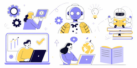 Diverse people and robots engaging in learning technology and innovation concepts illustrated in flat design style