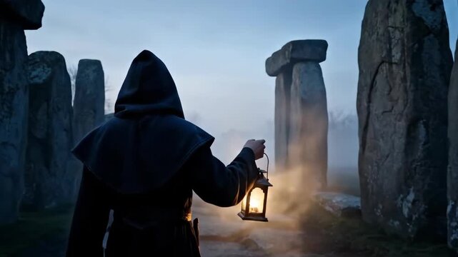 Woman in a hooded cloak with a lantern walking through an ancient stone circle at dawn, pagan ritual and mystery concept footage.