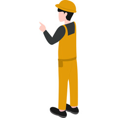 Construction Worker In Yellow Overalls And Hard Hat Pointing To The Side Against A White Background