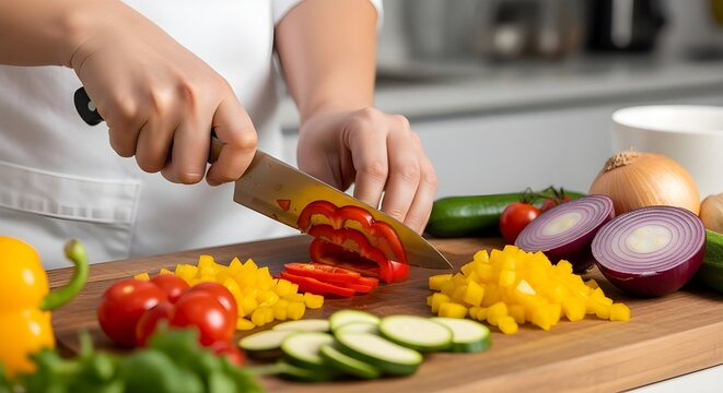 Chef cutting vegetables on a wooden board in a welllit kitchen