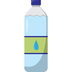 Clear Plastic Water Bottle with Blue Cap and Green Label Featuring a Blue Water Drop Icon on a Transparent Background