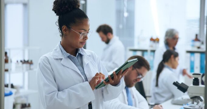 Woman, typing and research in lab with tablet for quality control, evaluation notes and science report. Medical, person and scroll in clinic with tech, study results and pharmaceutical development.