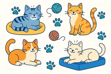 Fototapeta premium Cute cartoon cats playing with yarn balls and relaxing on cushions with colorful paw prints on light abstract background. Ai generative. Ai generative