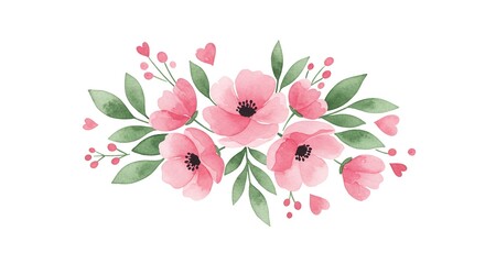Naklejka premium Delicate watercolor pink floral arrangement with lush green leaves and tiny heart accents, perfect for invitations, cards, and romantic designs