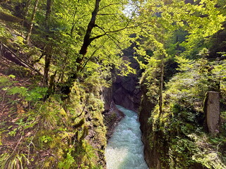 Panorama of the entrance to the Partnachklamm rock gorge created by the Partnach mountain river.