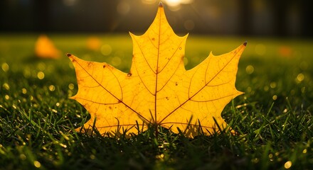 Yellow maple leaf on green grass