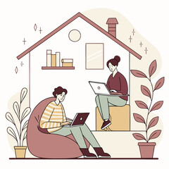 man and woman in front of house Modern vector concept of remote work or freelance with people working on laptops at home, cozy interior.
