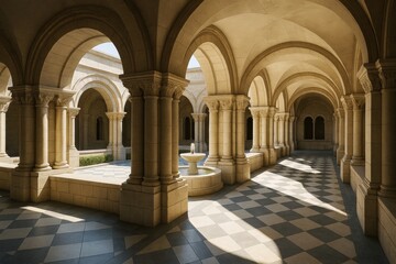 Obraz premium Ancient stone cloister with arches and fountain lit by natural sunlight in classical architectural style courtyard background. Ai generative