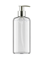 Tall Clear Glass Bottle with Silver Pump Dispenser and Bubbles in Clear Liquid transparent container