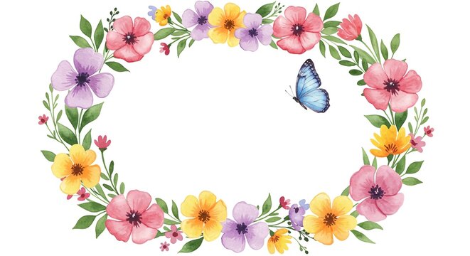 Vibrant watercolor floral wreath with delicate blue butterfly, perfect for elegant invitations, spring decor, and charming invitations